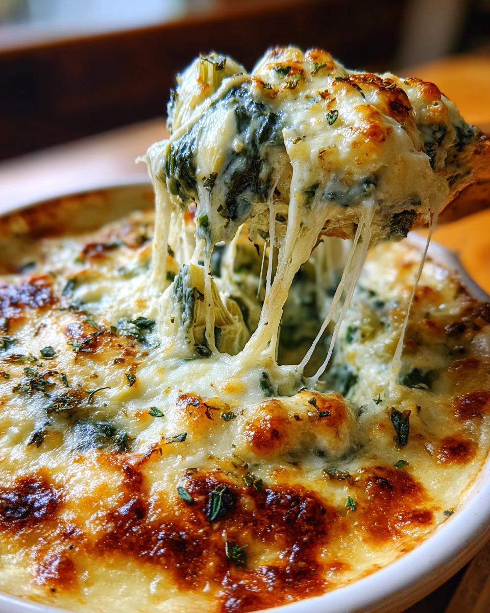 A scoop of hot, bubbly Spinach Artichoke Dip (Baked) with long strings of melted cheese.