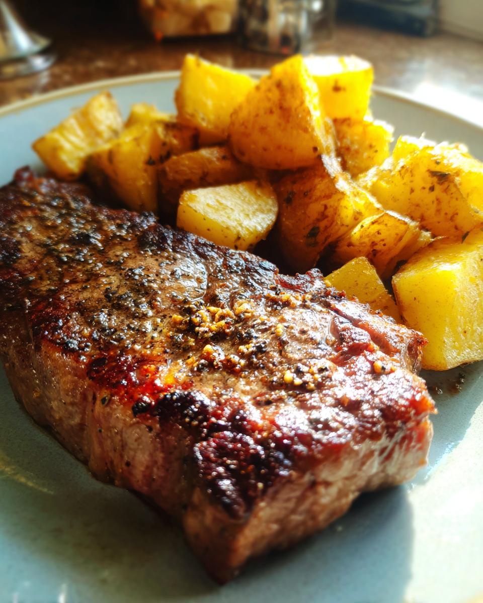 Close-up of a perfectly cooked Steak & Potatoes, featuring a juicy steak and golden roasted potatoes.