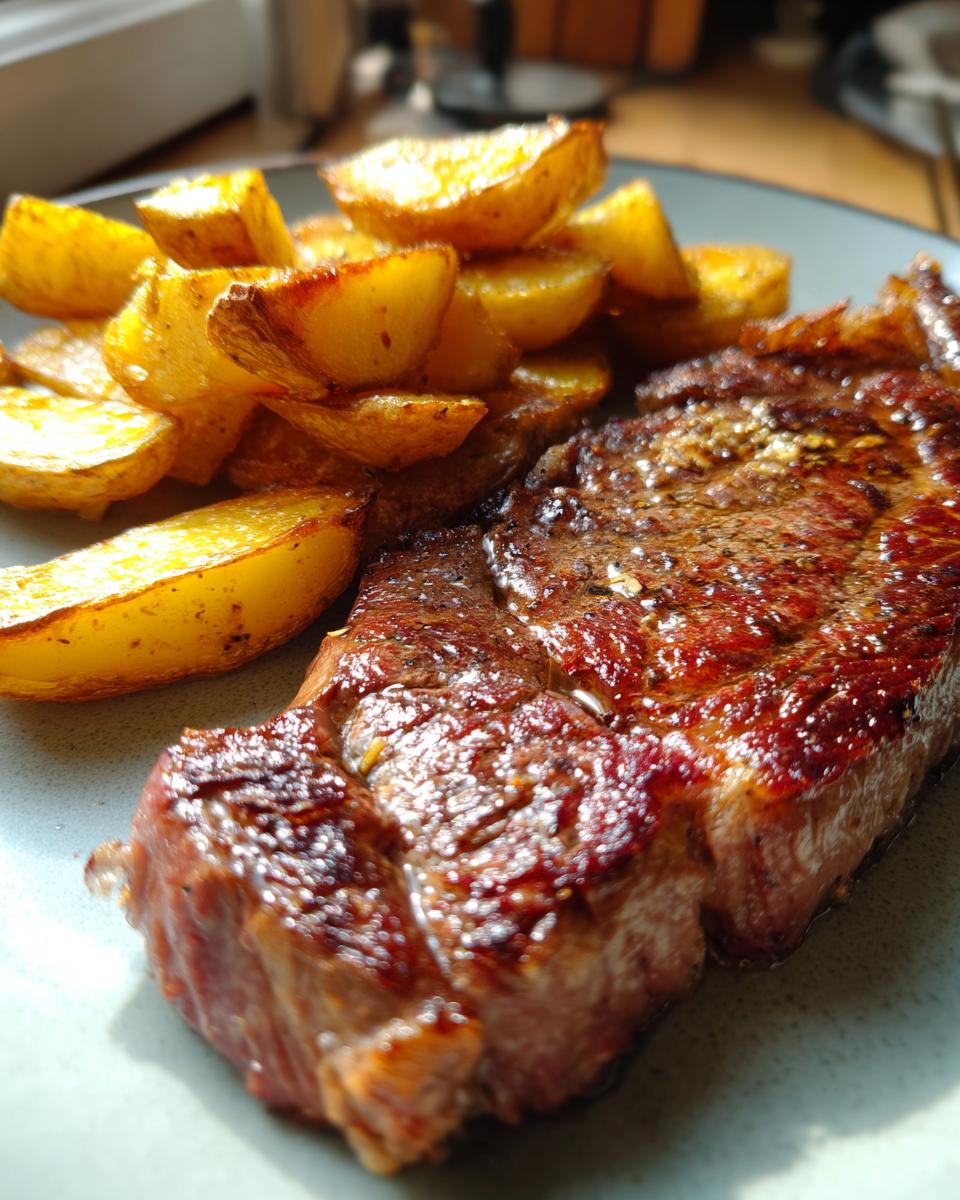 A perfectly cooked steak & potatoes dish, featuring a juicy steak and golden-brown roasted potato wedges.