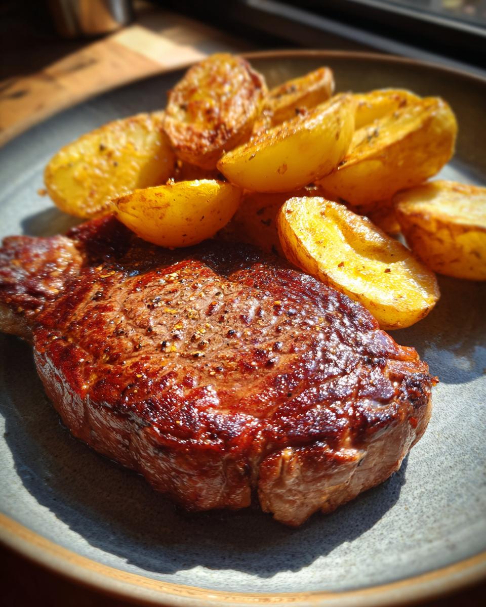 A perfectly cooked steak and golden roasted potato wedges, served on a plate for a restaurant-quality Steak & Potatoes meal.