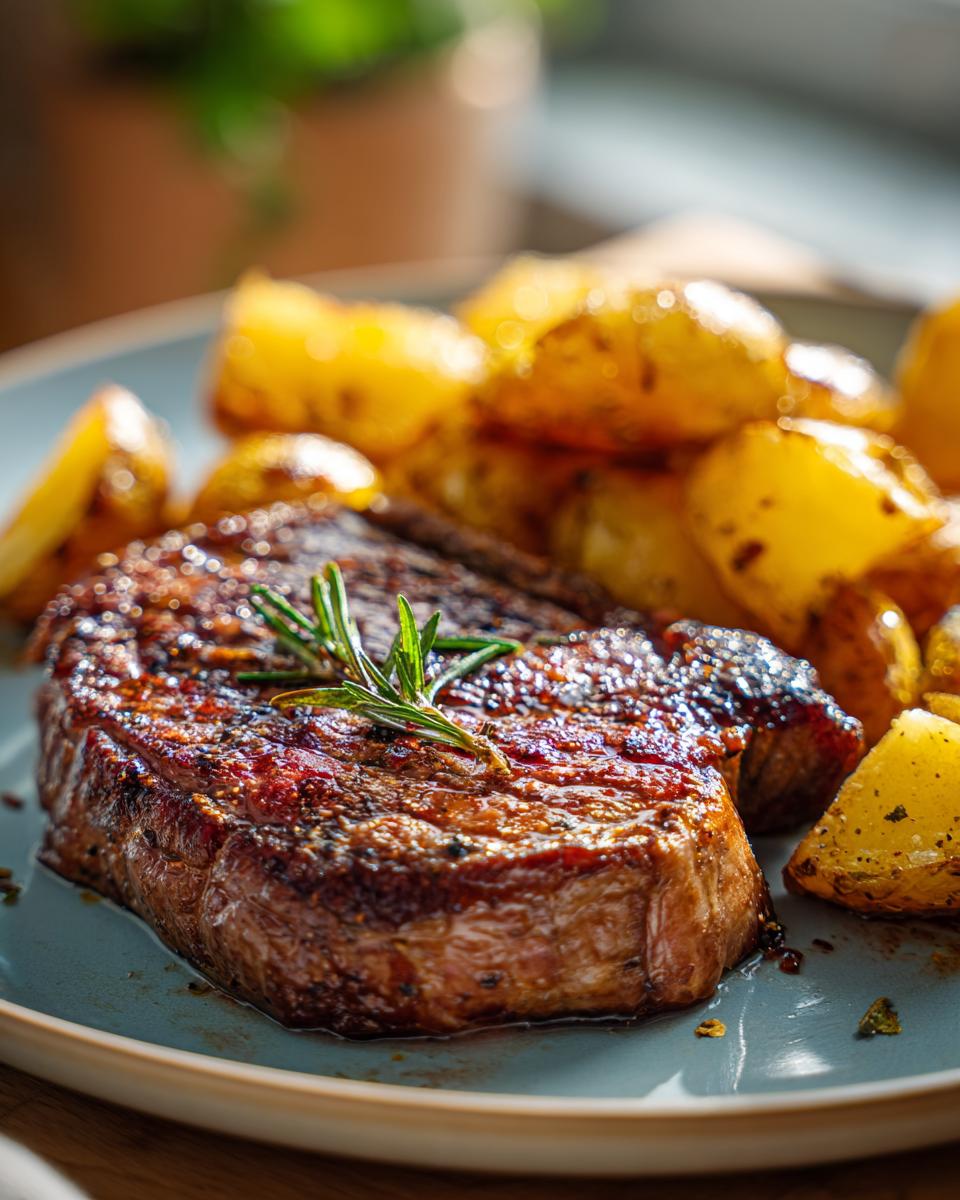 A perfectly cooked steak & potatoes dish, featuring a juicy steak topped with rosemary and roasted potato wedges.
