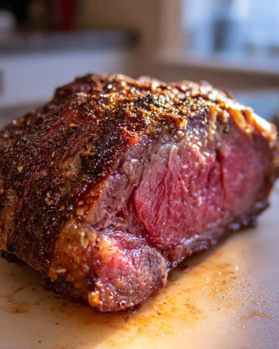 Close-up of a perfectly cooked Tasty Christmas Prime Rib (Slow Cooker) with a browned crust and juicy pink interior.