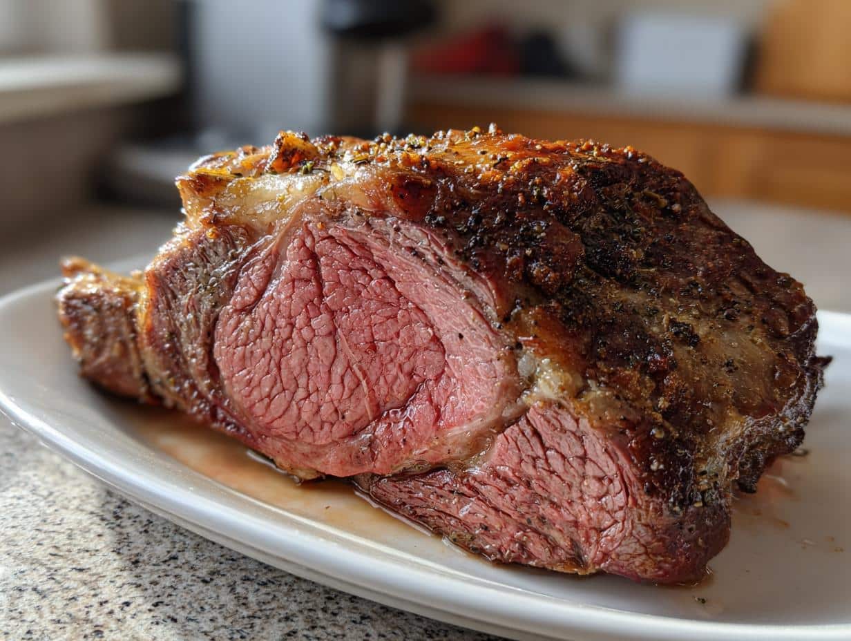 A perfectly cooked, juicy Tasty Christmas Prime Rib (Slow Cooker) with a browned, seasoned crust, served on a white platter.