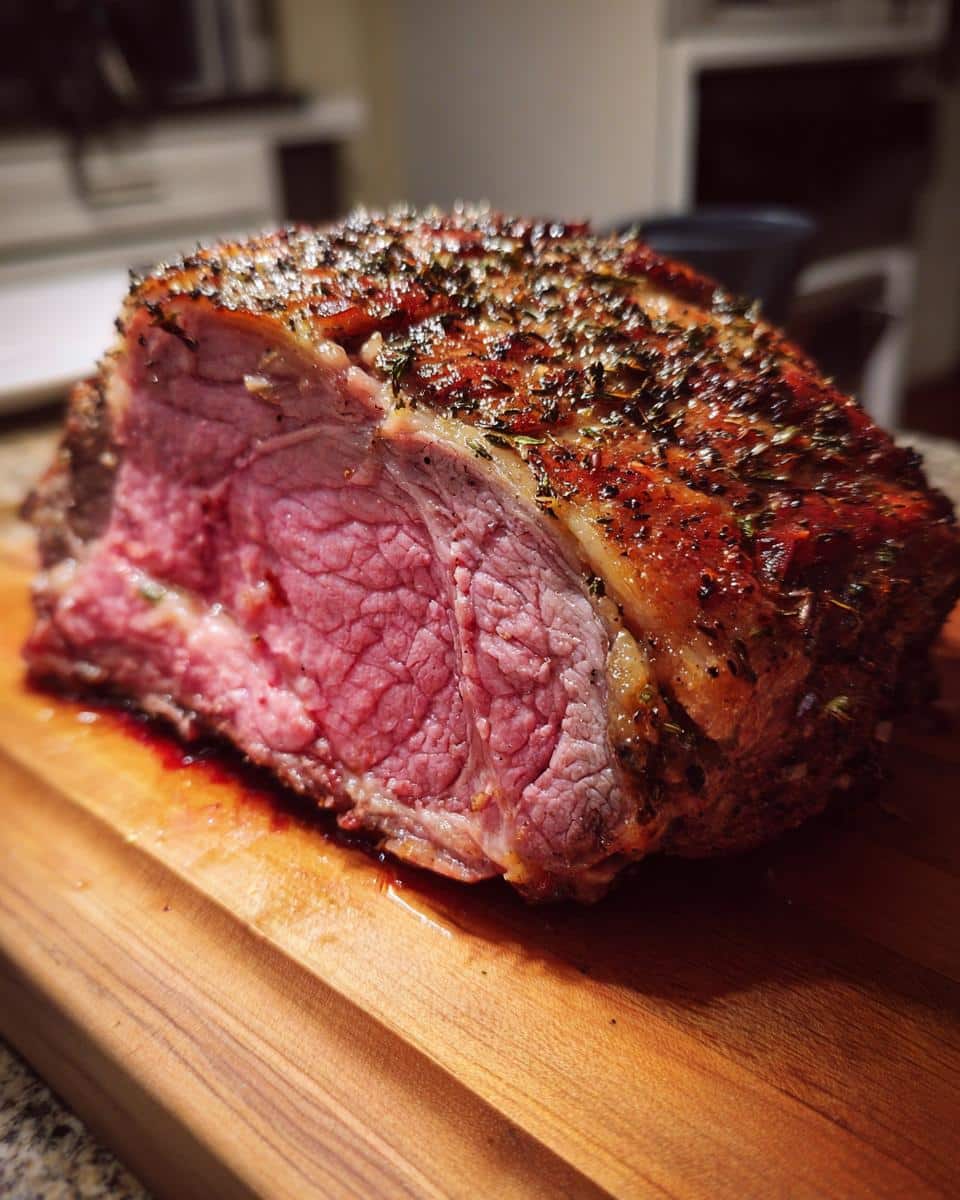 A perfectly cooked, juicy Tasty Christmas Prime Rib (Slow Cooker) resting on a wooden cutting board, showcasing its pink interior and herb-crusted exterior.