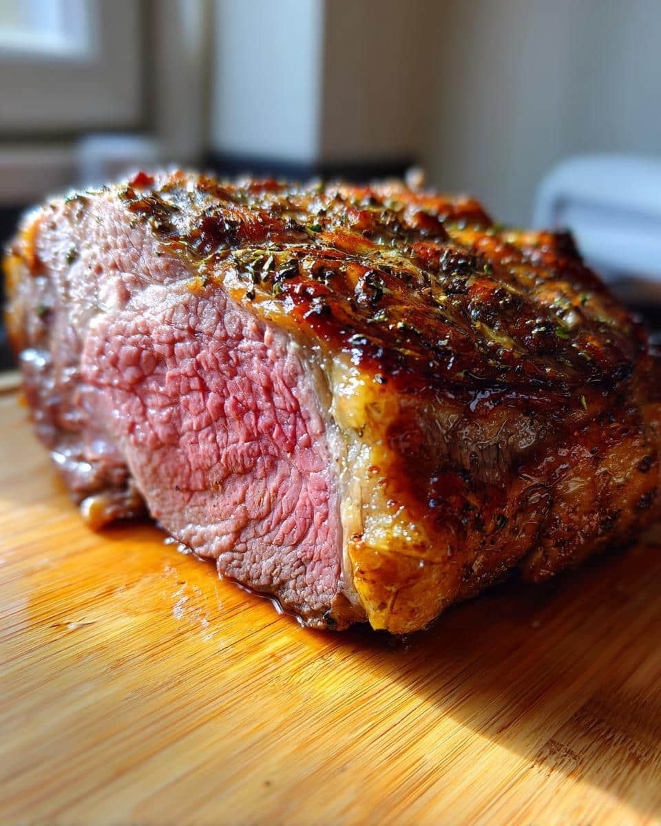 A perfectly cooked, juicy Tasty Christmas Prime Rib (Slow Cooker) with a golden-brown crust, sliced to reveal a tender pink interior.