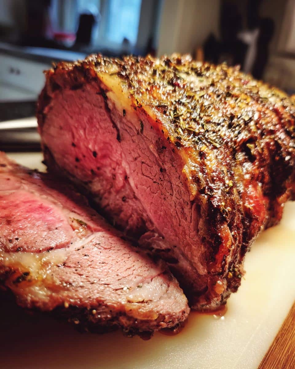 Close-up of a perfectly cooked Tasty Christmas Prime Rib (Slow Cooker) with a flavorful herb crust and juicy pink interior.