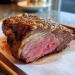 A perfectly cooked slice of Tasty Christmas Prime Rib (Slow Cooker) showing a juicy pink interior and a seasoned crust.
