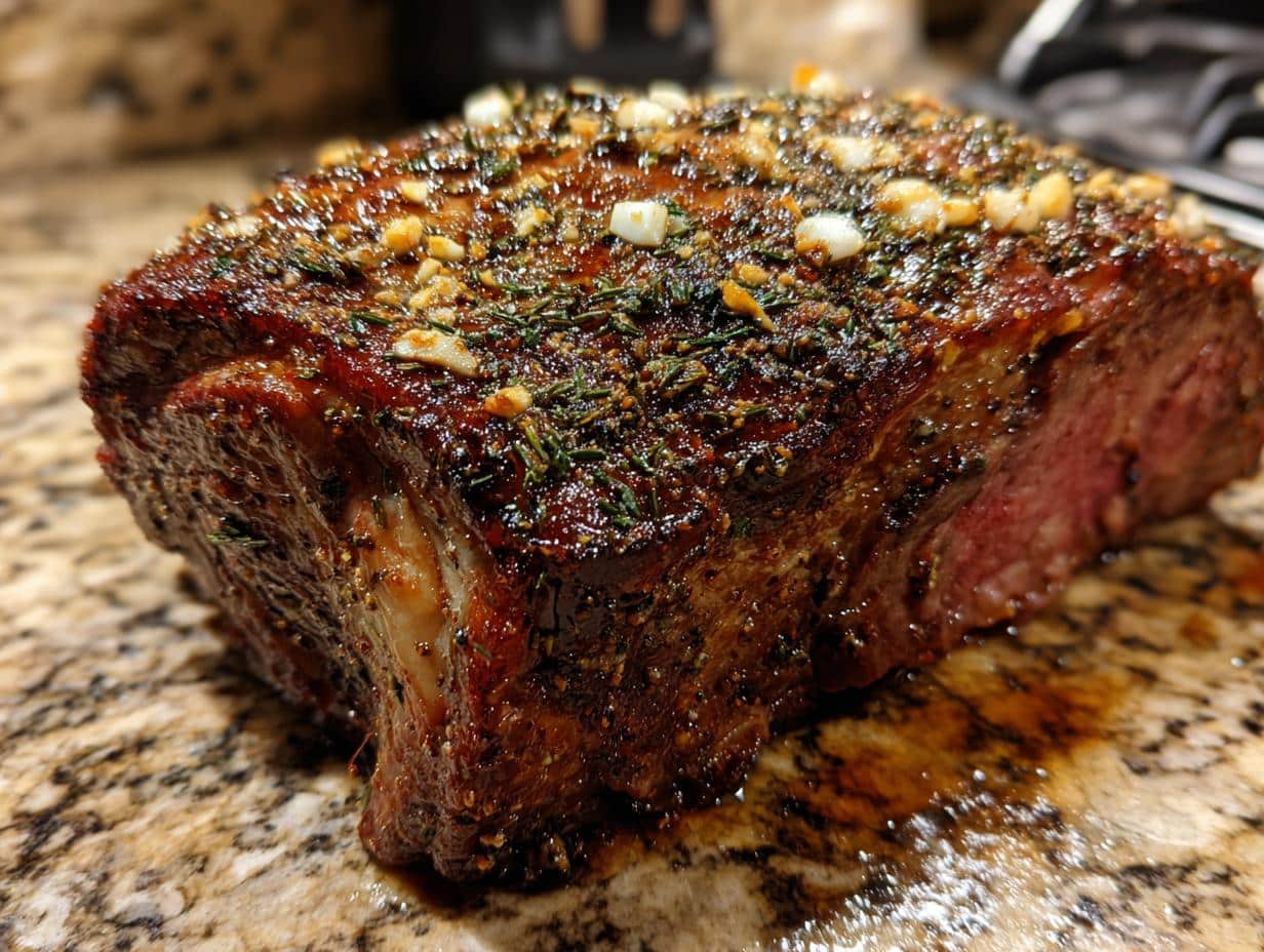 A juicy, perfectly cooked Ultimate Easy Prime Rib roast with a herb and garlic crust.