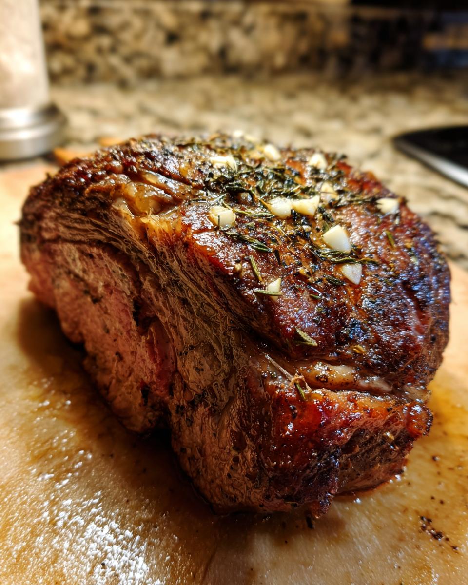 A close-up of the Ultimate Easy Prime Rib, roasted to perfection with garlic and herbs, resting on a cutting board.