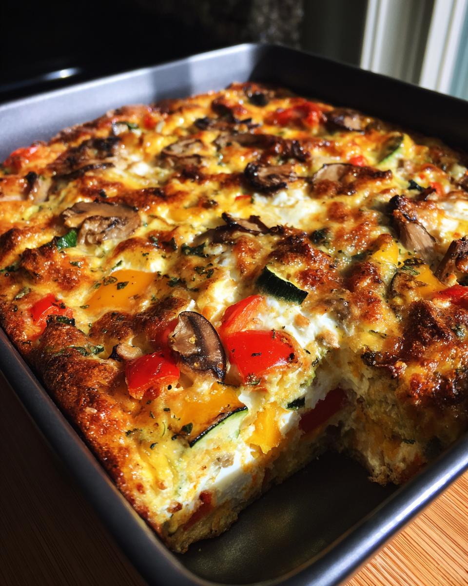 A healthy veggie breakfast casserole baked in a rectangular dish, filled with colorful vegetables like bell peppers, zucchini, and mushrooms.