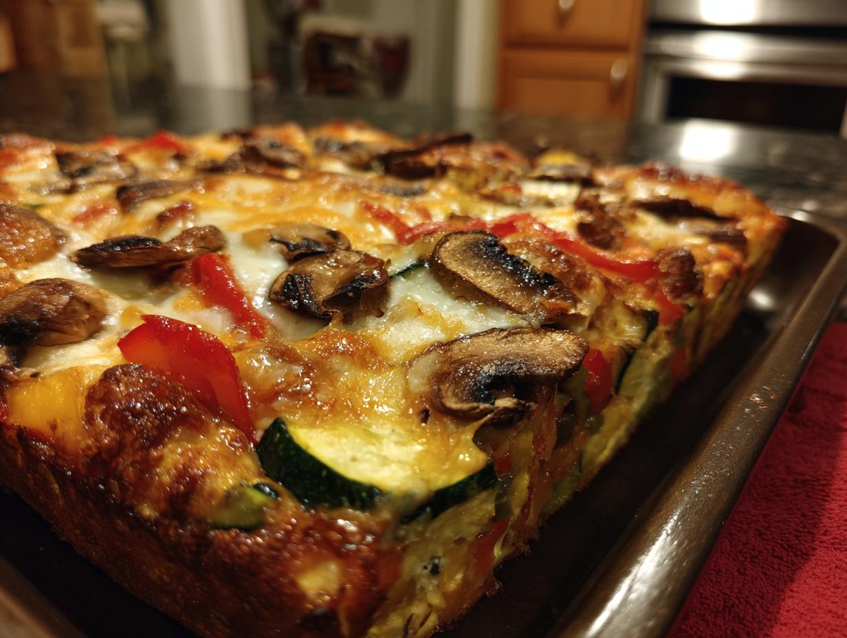 A close-up, angled view of a healthy veggie breakfast casserole slice in a baking dish, topped with melted cheese, mushrooms, and red peppers.