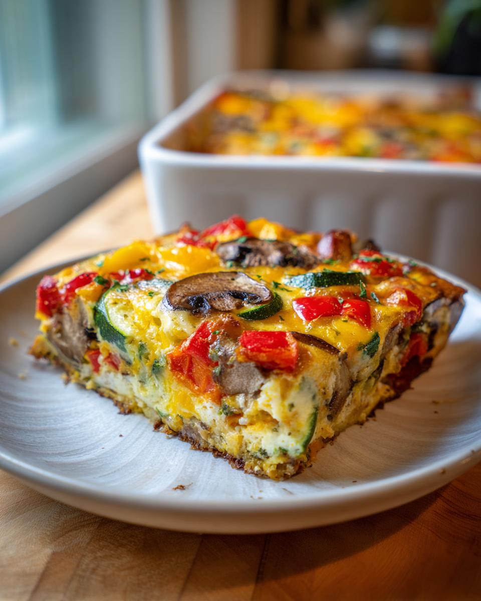 A slice of healthy veggie breakfast casserole with mushrooms, zucchini, and red peppers on a white plate.