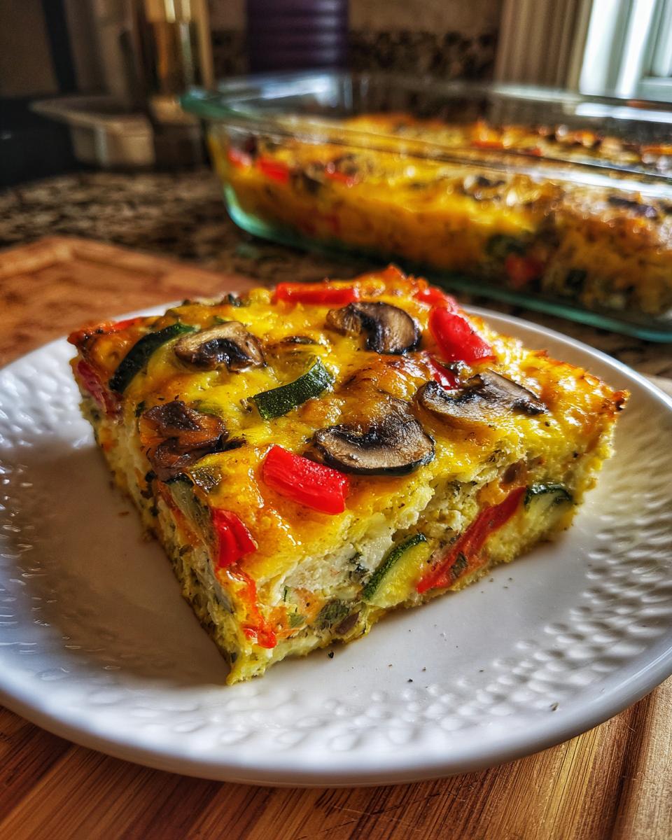 A delicious slice of healthy veggie breakfast casserole filled with mushrooms, zucchini, and red peppers.