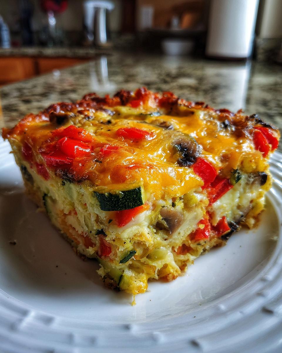 A slice of healthy veggie breakfast casserole with zucchini, bell peppers, and mushrooms, topped with melted cheese.
