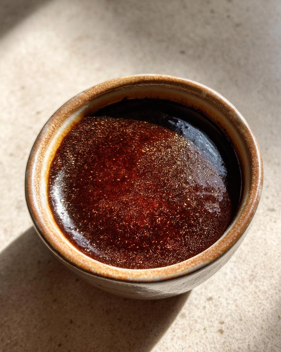 A small ceramic bowl filled with rich, dark, velvety au jus, perfect for a restaurant-quality recipe.