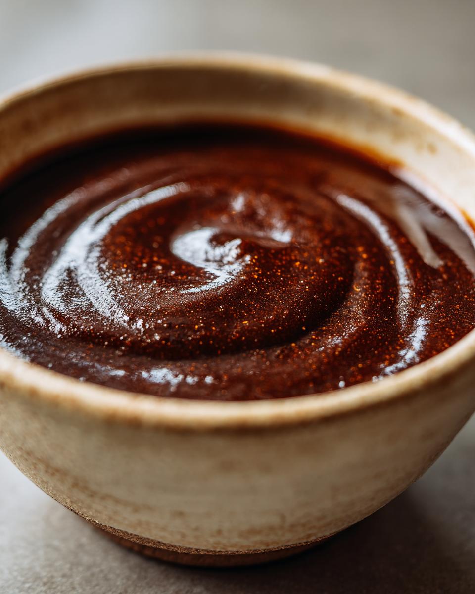 Close-up of a bowl filled with rich, dark, and velvety au jus, showcasing its glossy texture.