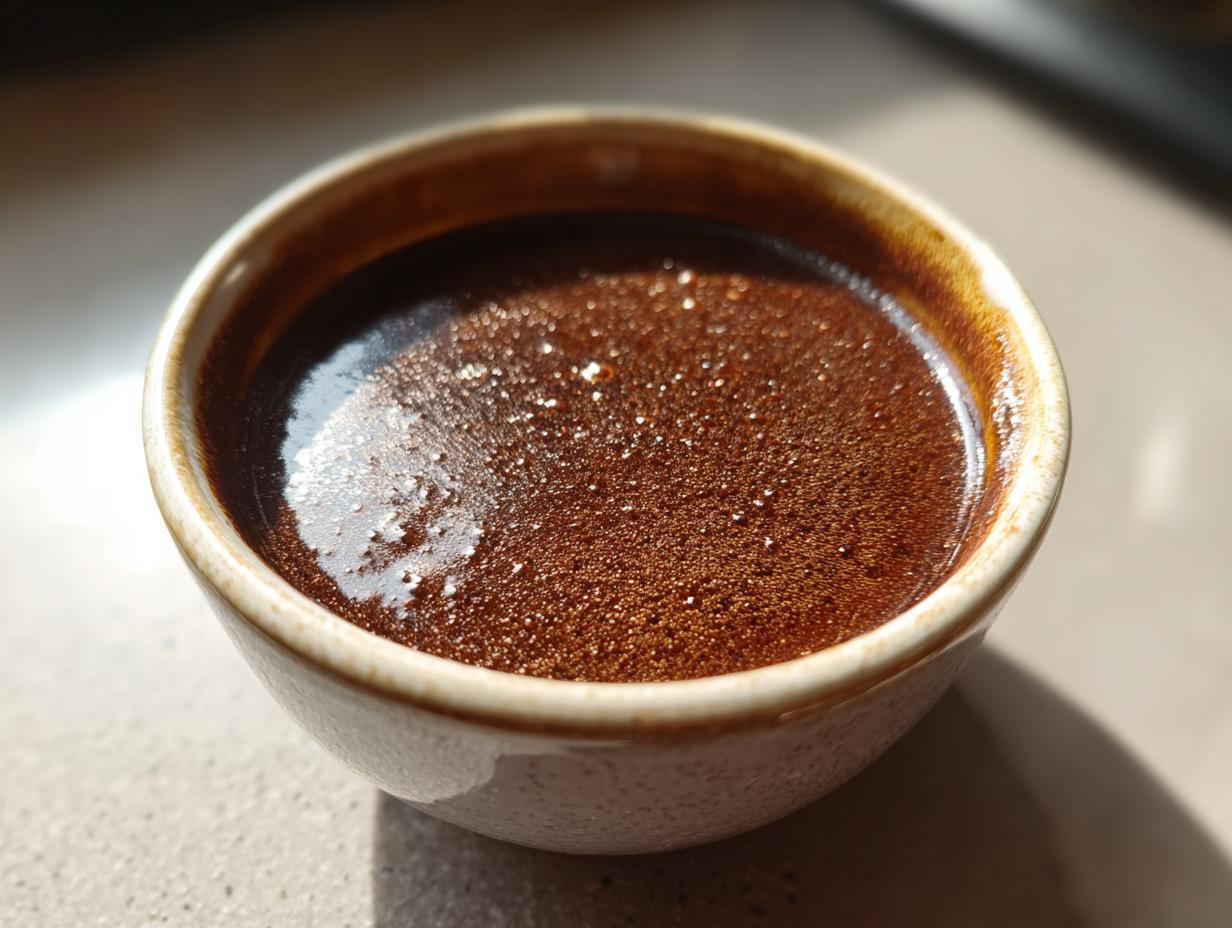 A close-up of a small bowl filled with rich, dark, velvety au jus, perfect for a restaurant-quality recipe.