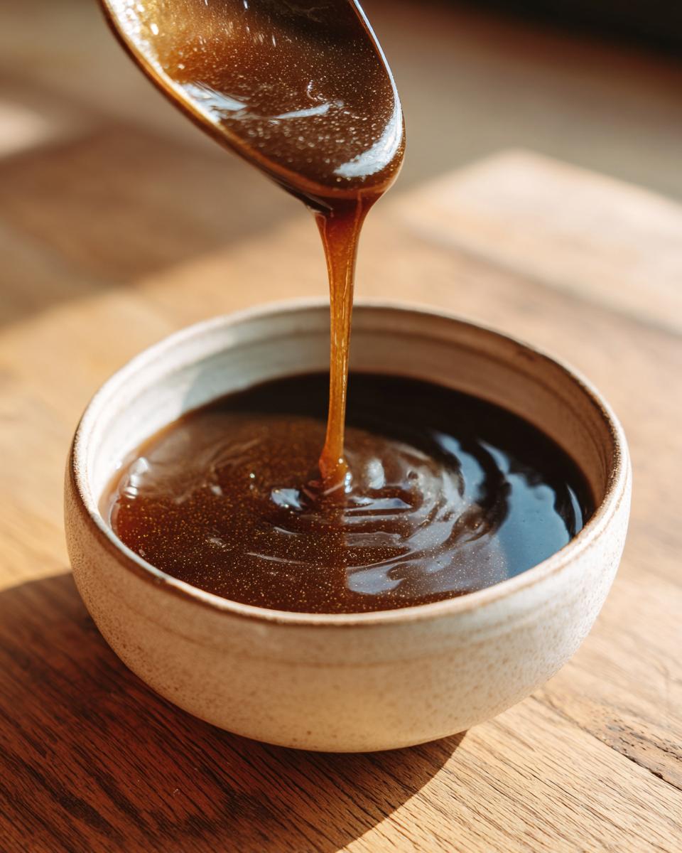 A spoonful of rich, velvety au jus being poured into a rustic bowl, showcasing its smooth texture.