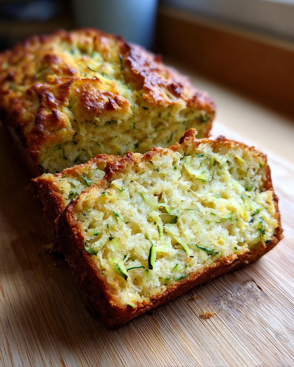 A loaf of Zucchini Cheddar bread with two slices cut, showing the zucchini inside.
