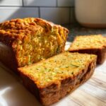 A loaf of Zucchini Cheddar bread, with two slices cut, sitting on a wooden board.