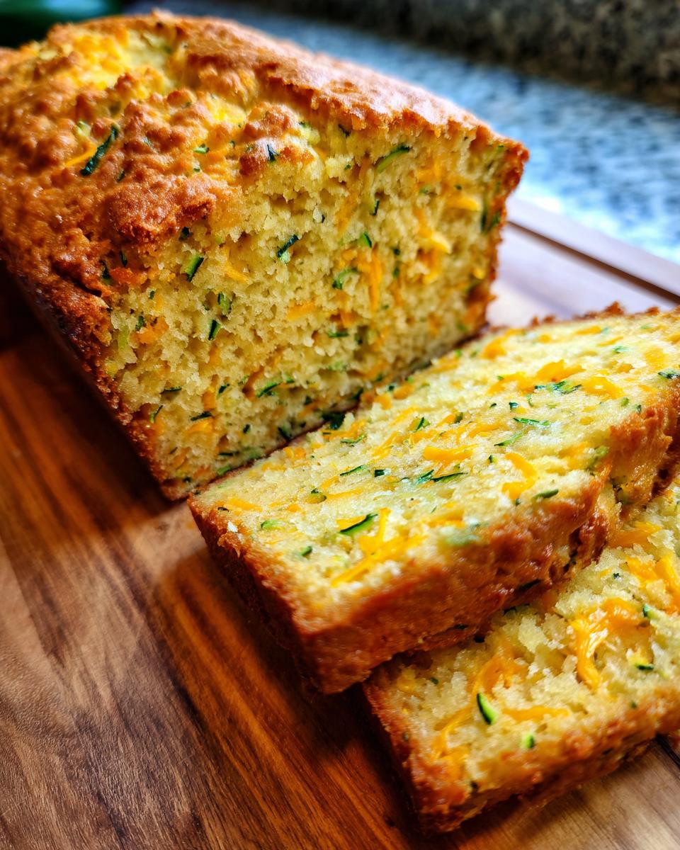 Close-up of a sliced Zucchini Cheddar bread loaf on a wooden board, showing zucchini and cheddar.