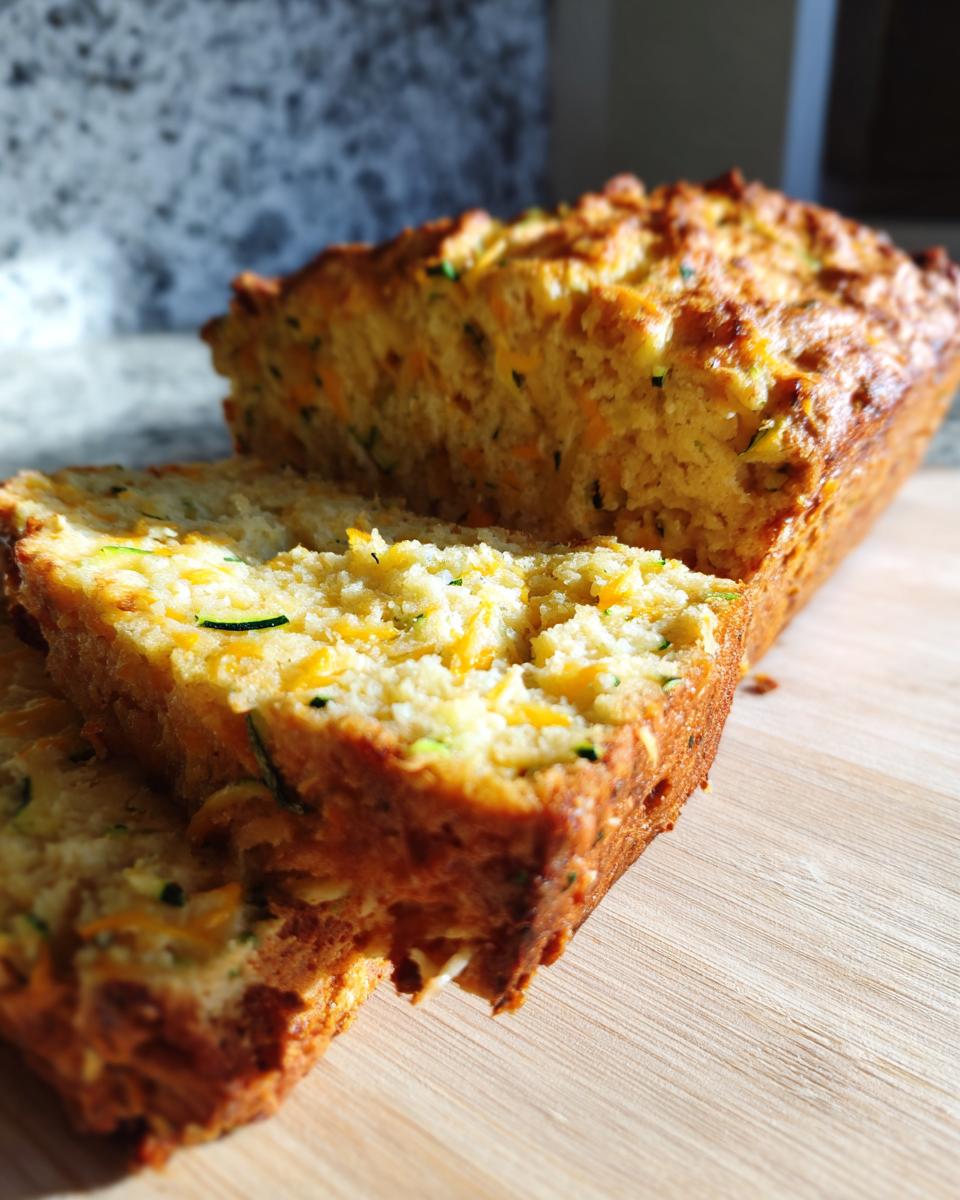 Close-up of a sliced loaf of Zucchini Cheddar bread on a wooden board, showing the moist texture and visible zucchini.