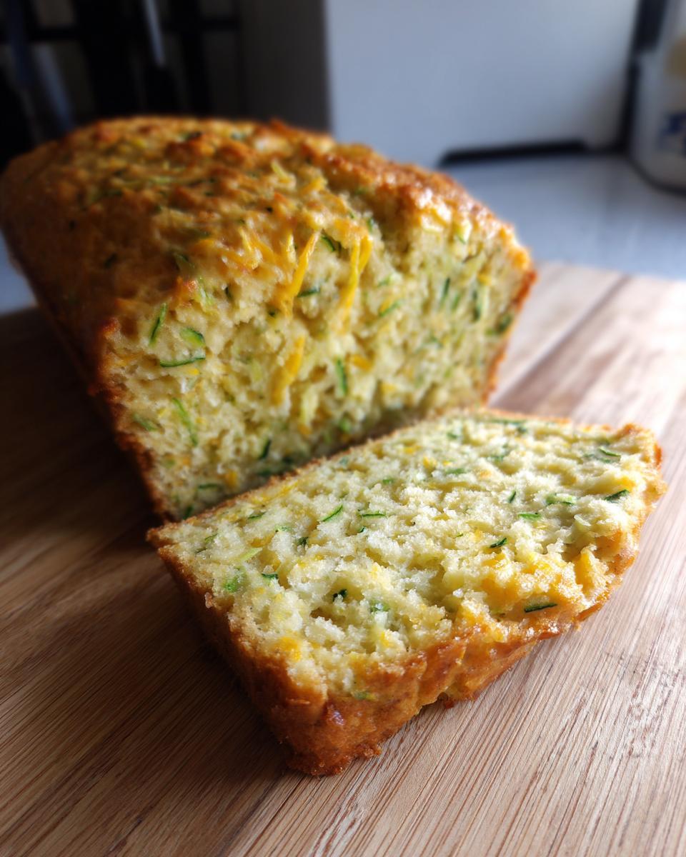 A loaf of Zucchini Cheddar bread with a slice cut, sitting on a wooden cutting board.