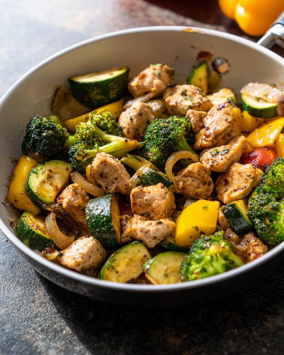 Close-up of seasoned chicken pieces mixed with broccoli, zucchini, and yellow peppers in a white skillet, perfect for a 15-Minute Stir-Fry Dinner (Quick).