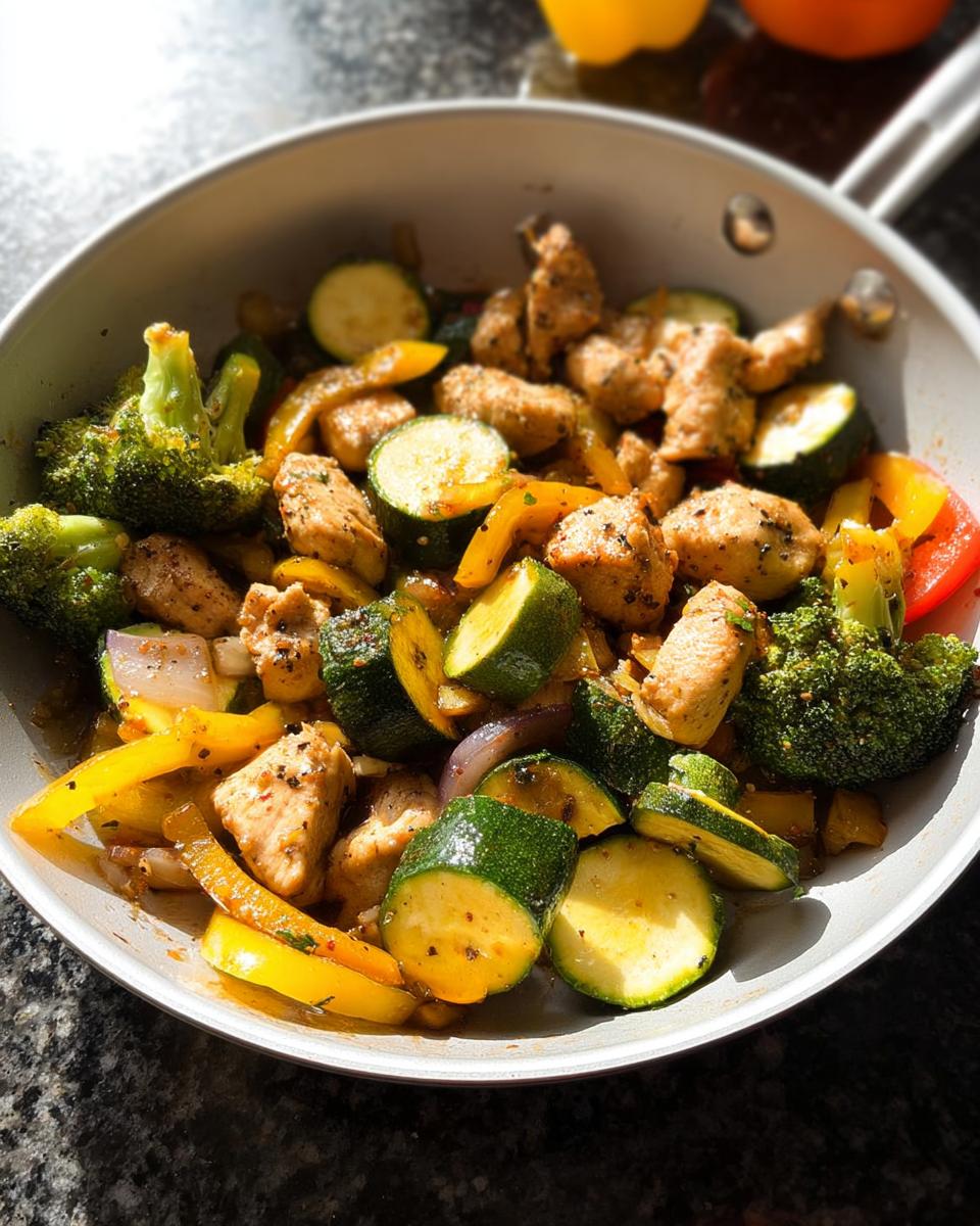 Close-up of chicken pieces stir-fried with zucchini, broccoli, and peppers for a 15-Minute Stir-Fry Dinner.