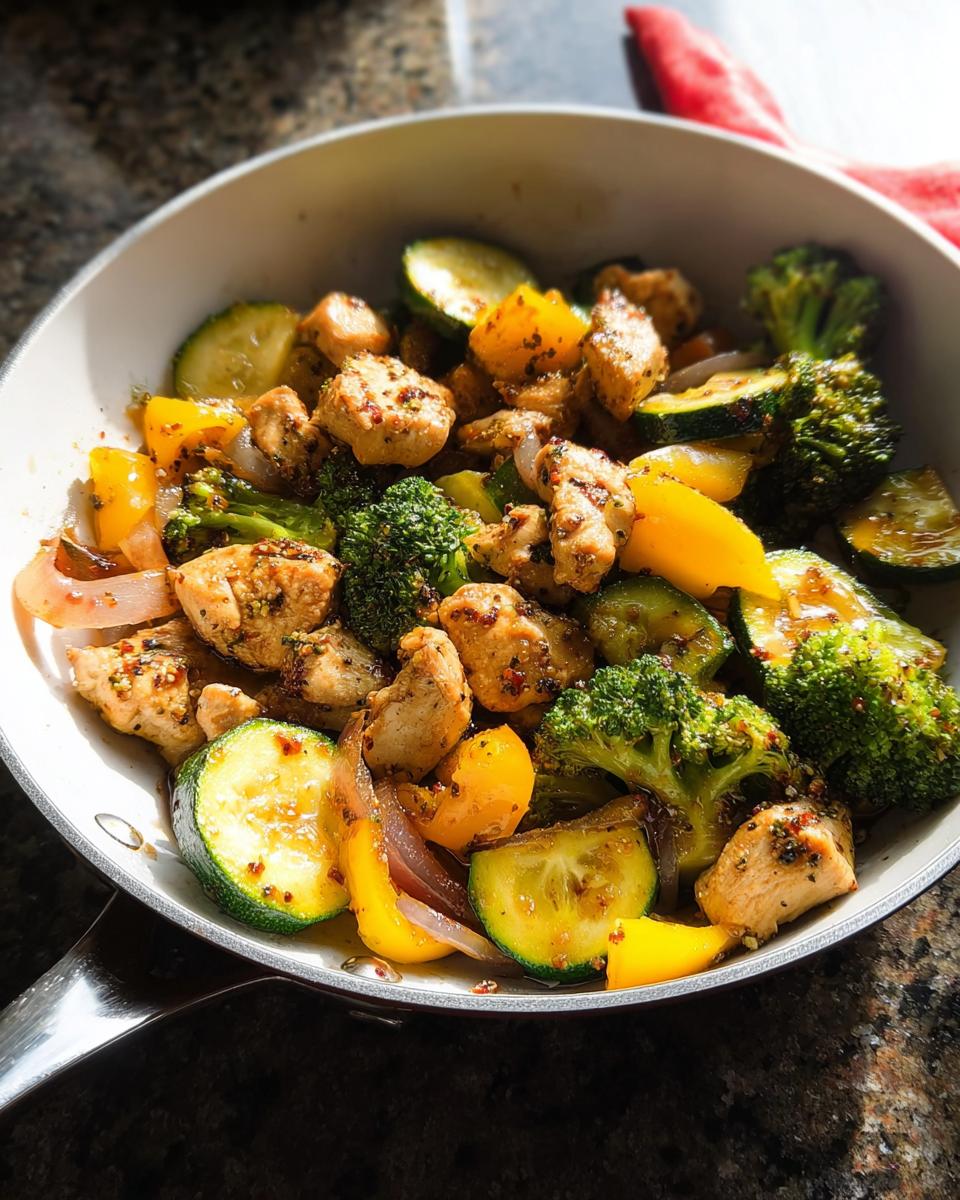 Close-up of a skillet filled with a vibrant 15-Minute Stir-Fry Dinner featuring chicken chunks, broccoli, zucchini, and yellow peppers.
