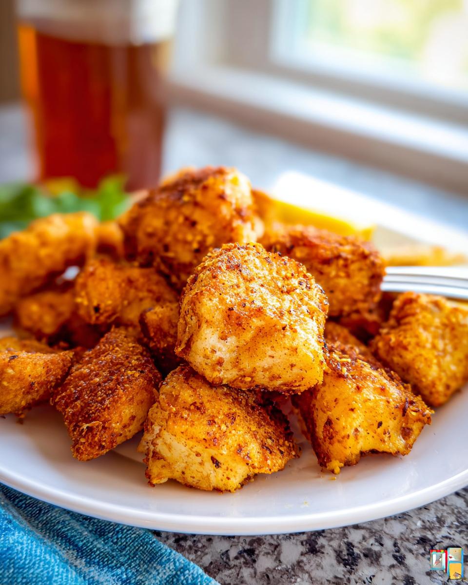 A close-up of seasoned Air Fryer Chicken Bites piled high on a white plate, ready to eat.