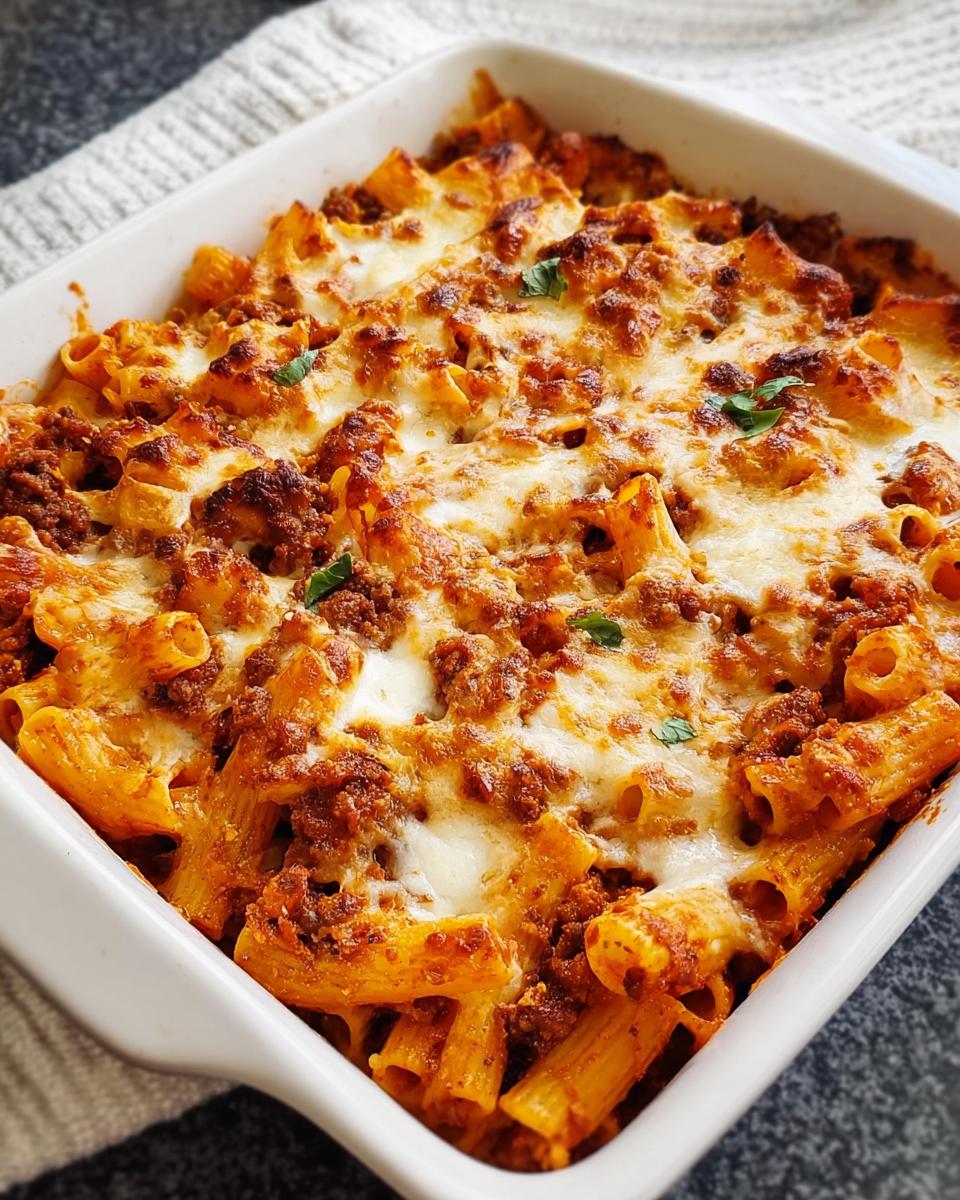 Close-up of a bubbling, cheesy Budget Pasta Bake in a white casserole dish, topped with melted mozzarella and meat sauce.