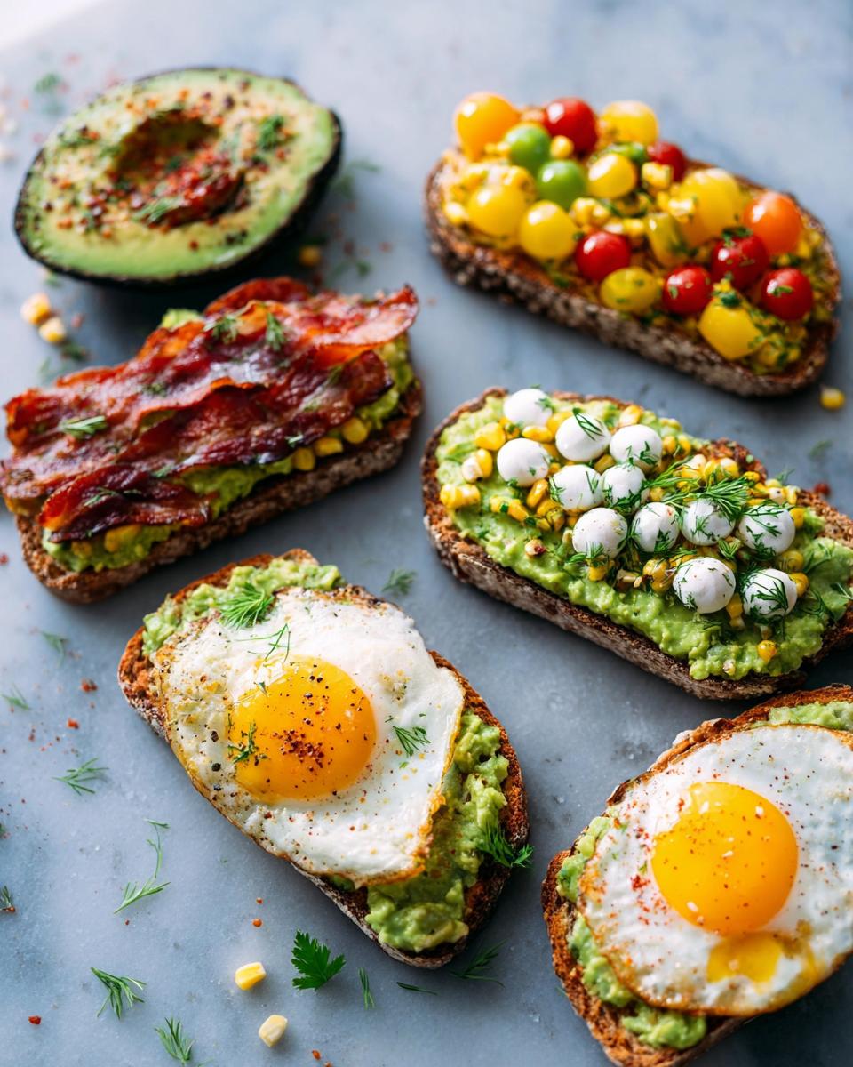 An overhead view of five different styles of Avocado Toast 5 Ways, including toppings like egg, bacon, tomatoes, and mozzarella.