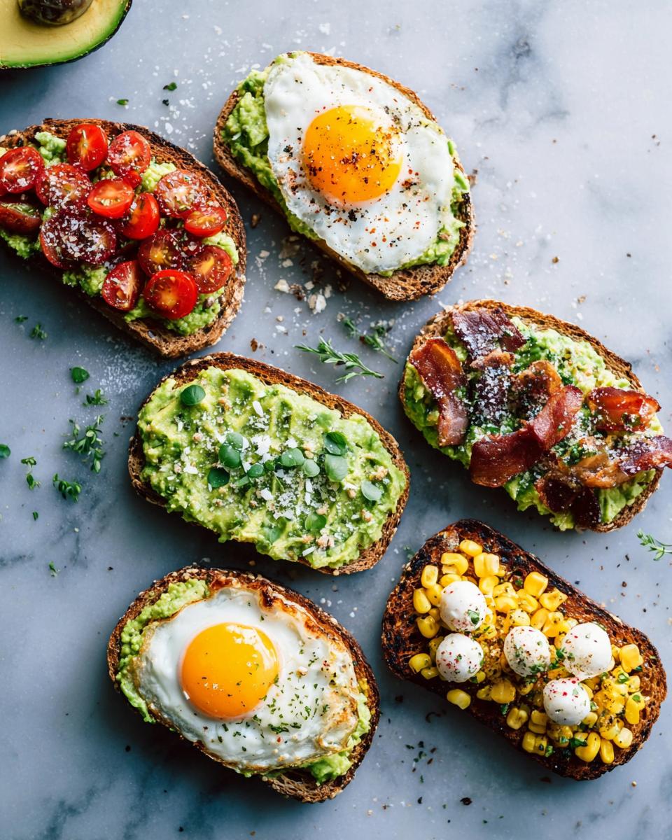 Overhead view of five different pieces of healthy Avocado Toast with toppings like egg, tomato, bacon, and corn.