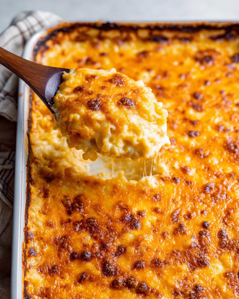 A wooden spoon lifts a creamy, cheesy portion of Baked Mac and Cheese from a casserole dish with a bubbly, browned top.