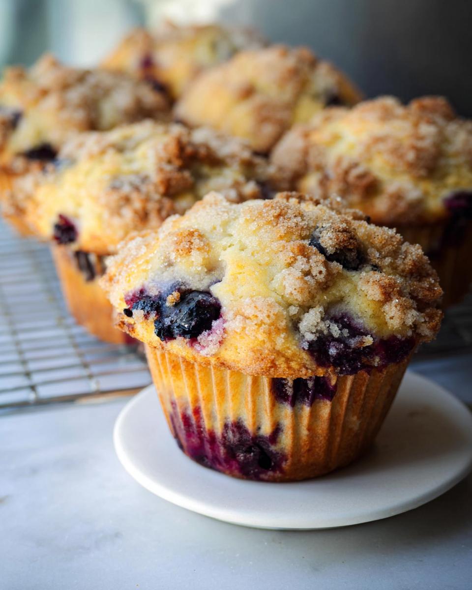 Close-up of a freshly baked Blueberry Muffin Like a Bakery, featuring a golden crumb and sugary streusel top.