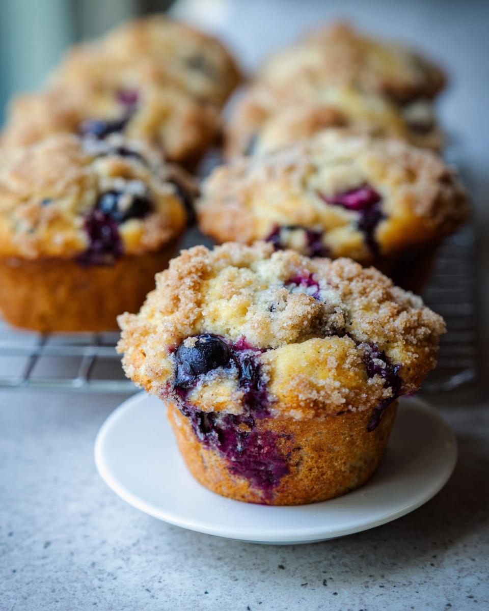 Close-up of a single, golden Blueberry Muffins Like a Bakery, topped with crunchy streusel, sitting on a small white plate.