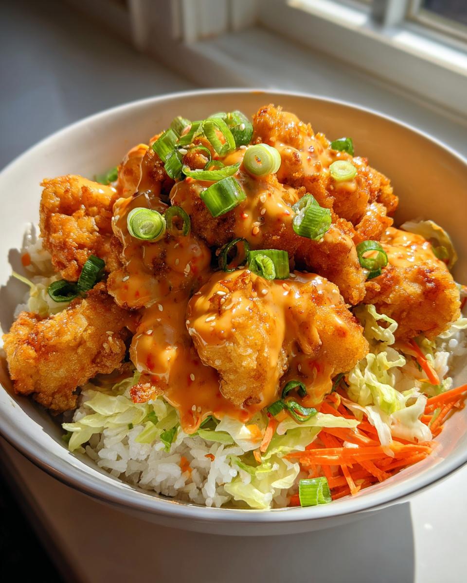 A close-up of a Bang Bang Chicken Bowl featuring crispy fried chicken pieces drizzled with orange sauce over rice and shredded vegetables.