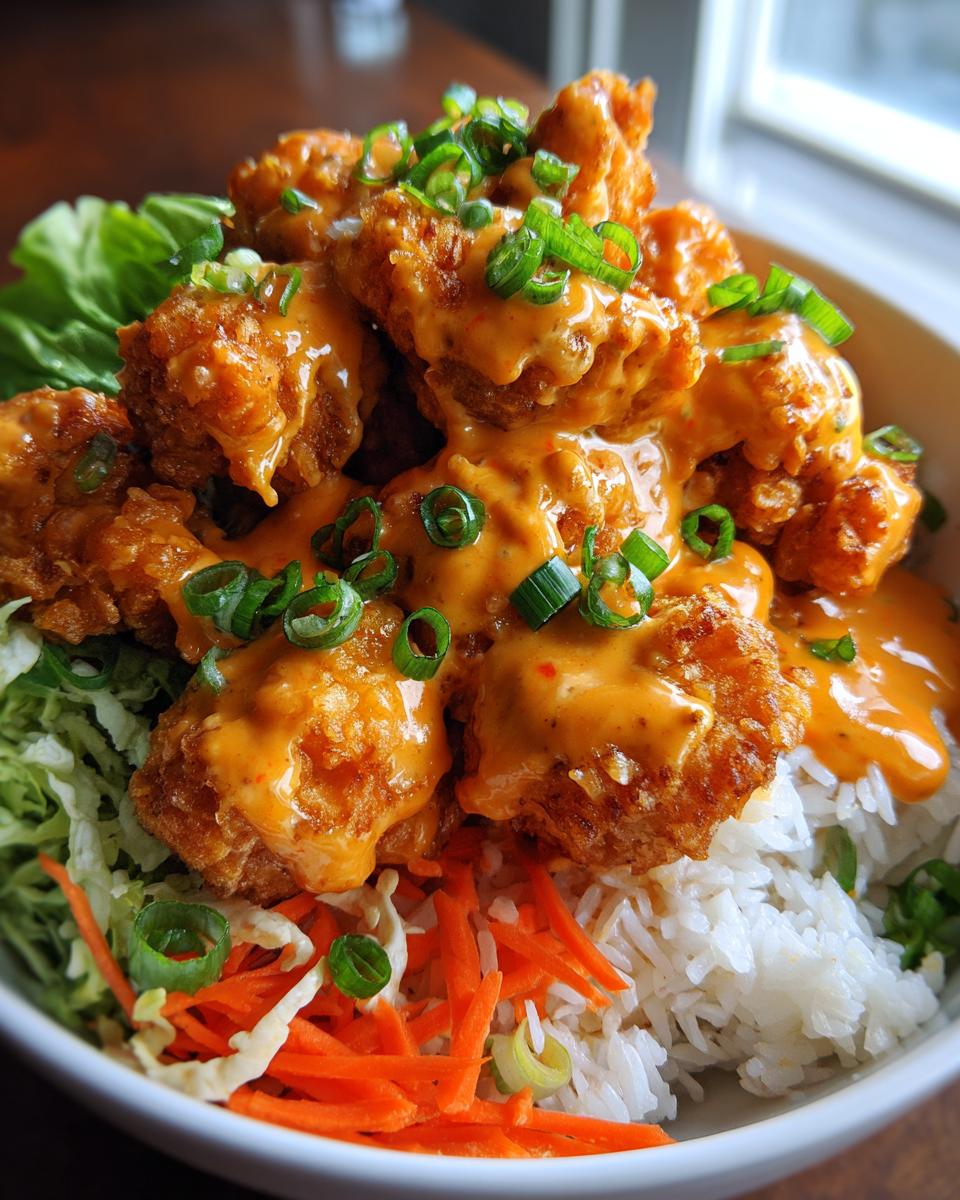 A close-up of a Bang Bang Chicken Bowl featuring crispy chicken pieces drenched in orange sauce over rice and shredded vegetables.
