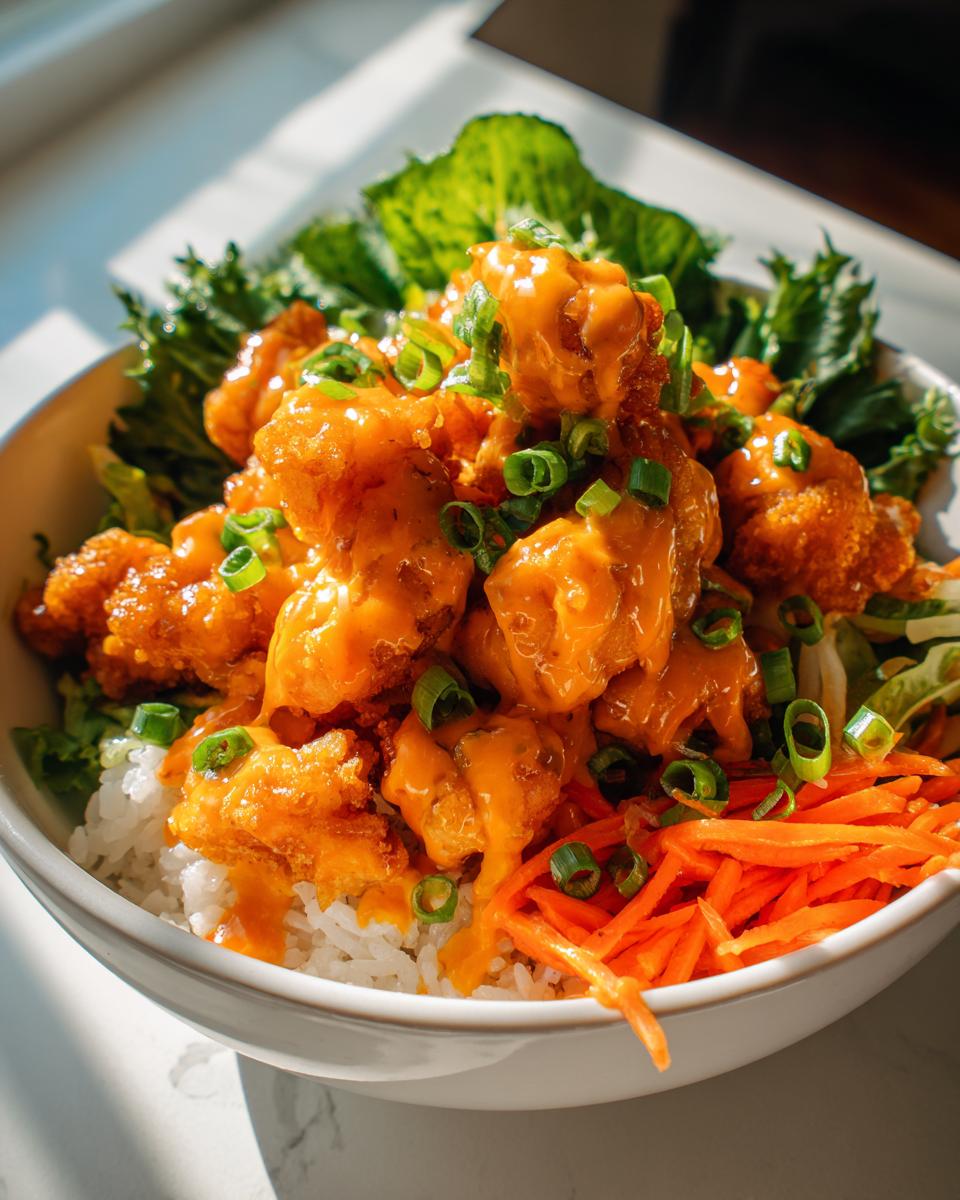 A close-up of a delicious Bang Bang Chicken Bowl featuring crispy chicken coated in orange sauce over white rice, topped with scallions.