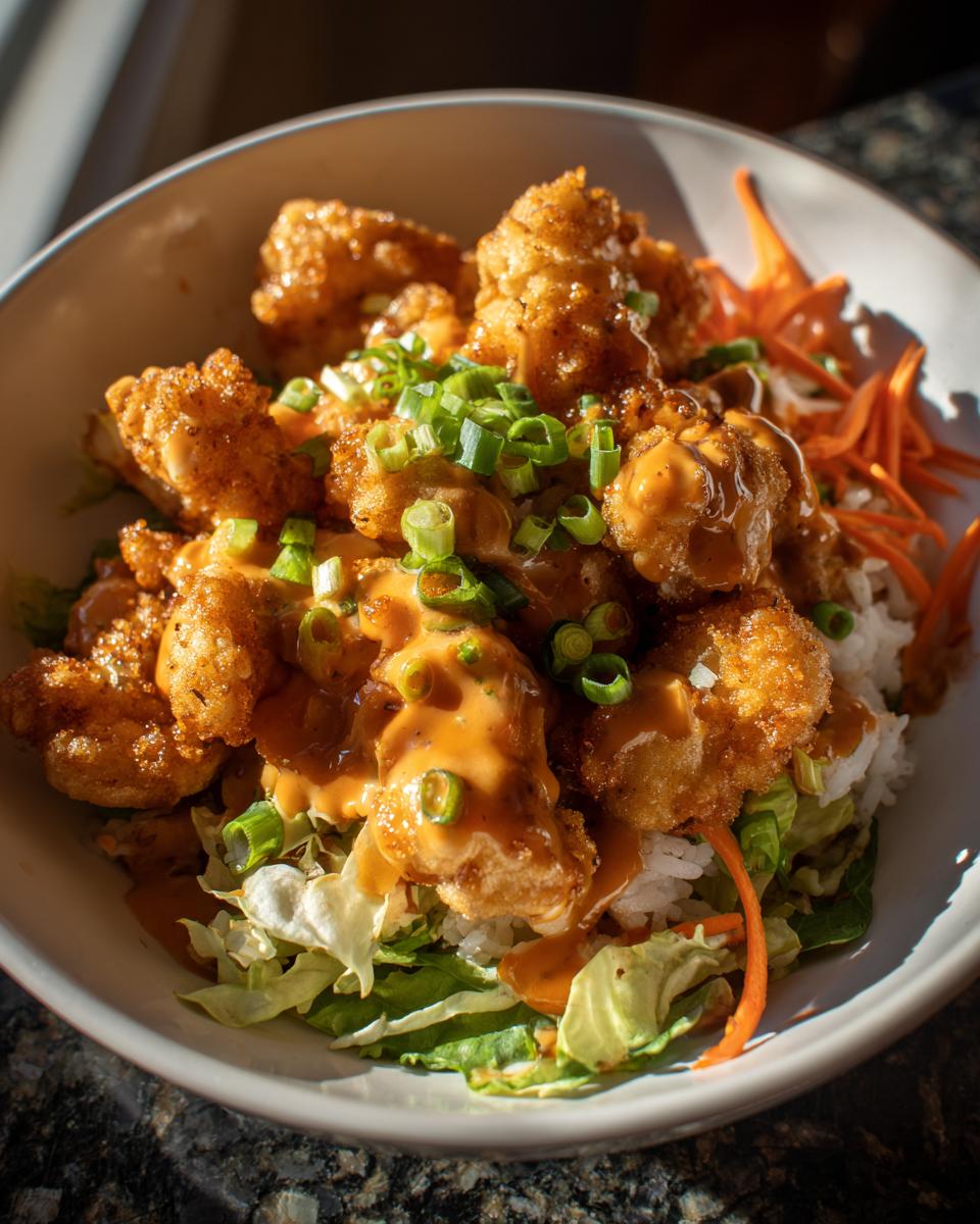 Close-up of a Bang Bang Chicken Bowl featuring crispy fried chicken pieces drizzled with orange sauce over rice and lettuce.