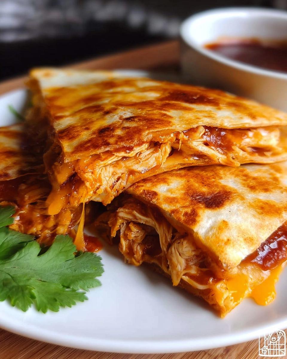 Close-up of stacked, golden-brown BBQ Chicken Quesadillas oozing melted cheese and shredded chicken filling.