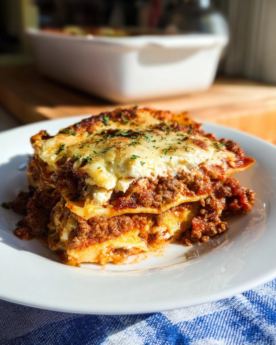 A generous slice of rich Beef Lasagna (Make-Ahead) with layers of meat sauce and creamy cheese topping, garnished with parsley.