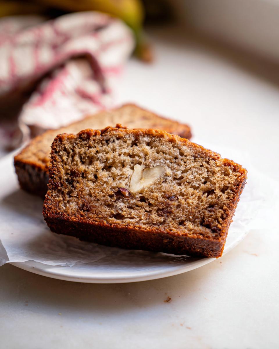 Close-up of a moist slice of the Best Banana Bread Ever showing the crumb texture and a visible walnut piece.