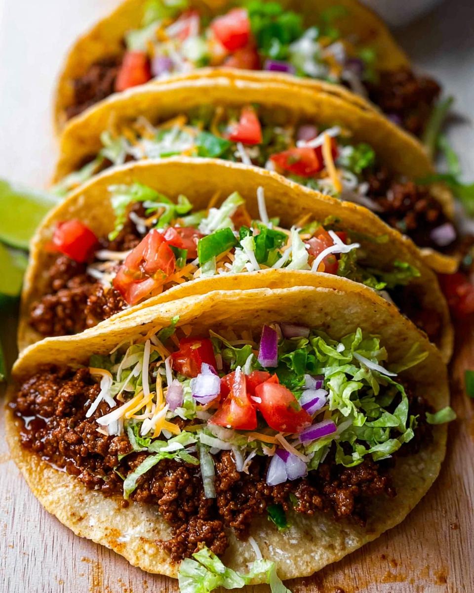 Four crispy shell tacos filled with seasoned ground beef, shredded lettuce, cheese, tomatoes, and onions—perfect Best Ground Beef Tacos.