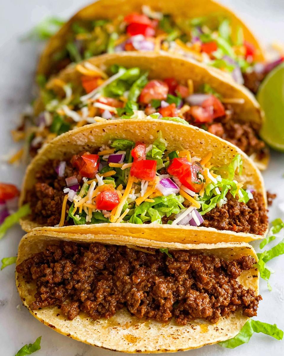 Close-up of several hard shell Best Ground Beef Tacos filled with seasoned meat, lettuce, cheese, and tomatoes.