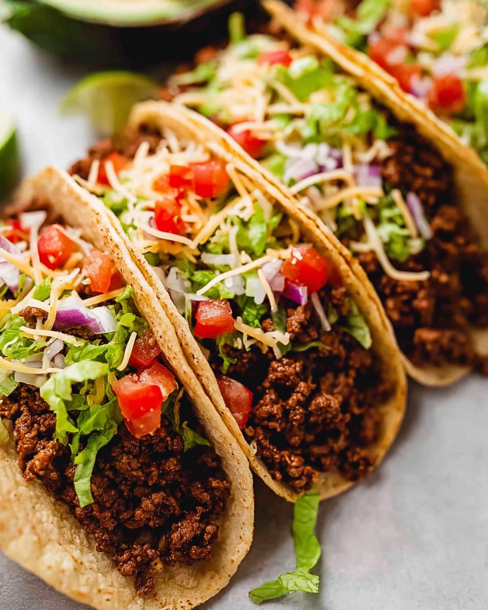 A row of three fully loaded Best Ground Beef Tacos with seasoned meat, lettuce, tomatoes, cheese, and onions.