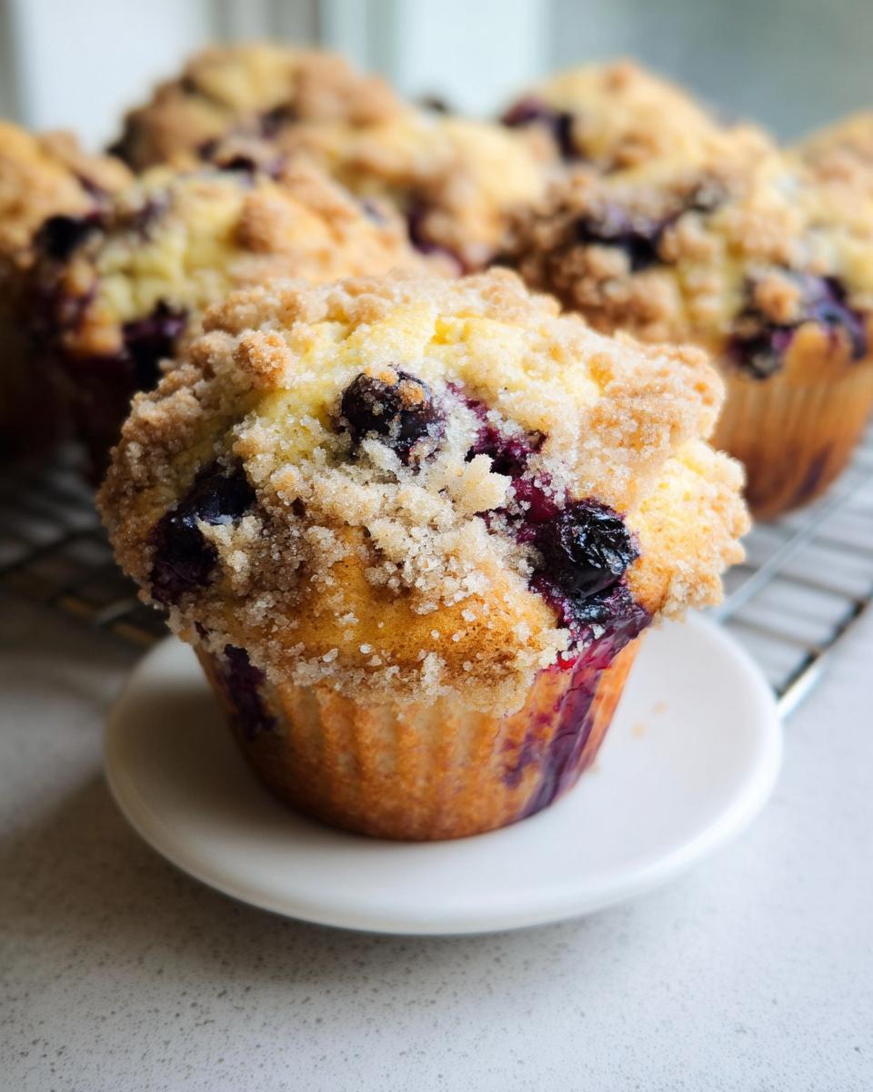 Close-up of a single, perfectly baked Blueberry Muffin Like a Bakery, featuring a golden crumb topping and juicy blueberries.