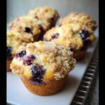 Close-up of freshly baked Blueberry Muffins Like a Bakery, featuring juicy berries and a sugary streusel topping.
