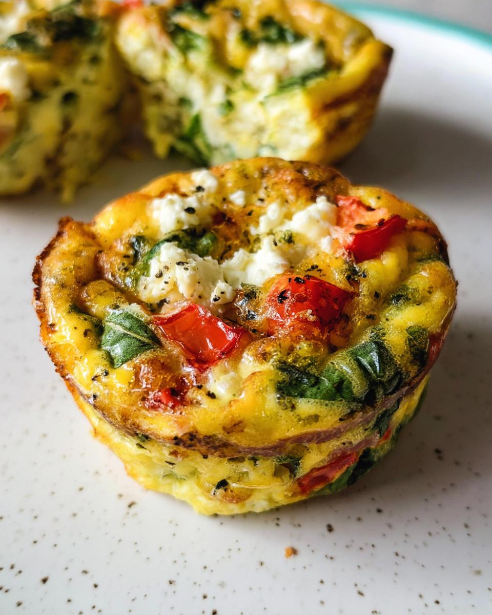 Close-up of a single, perfectly baked Breakfast Meal Prep Egg Cup topped with feta cheese, red pepper, and spinach.